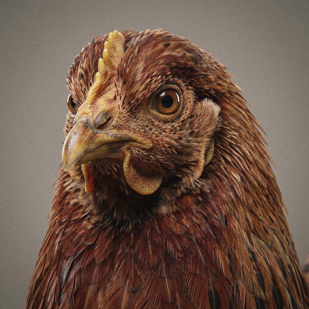 One of the farm hens, a russet hen in close-up.