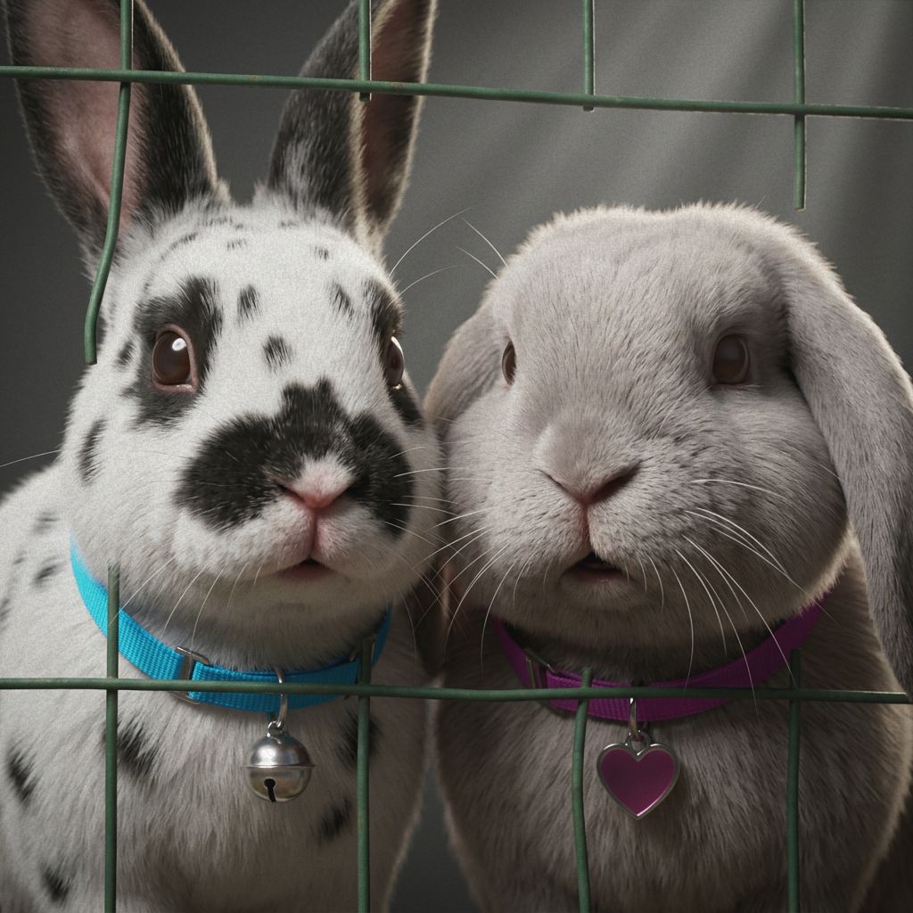 The two hutch rabbits peering through the wire.