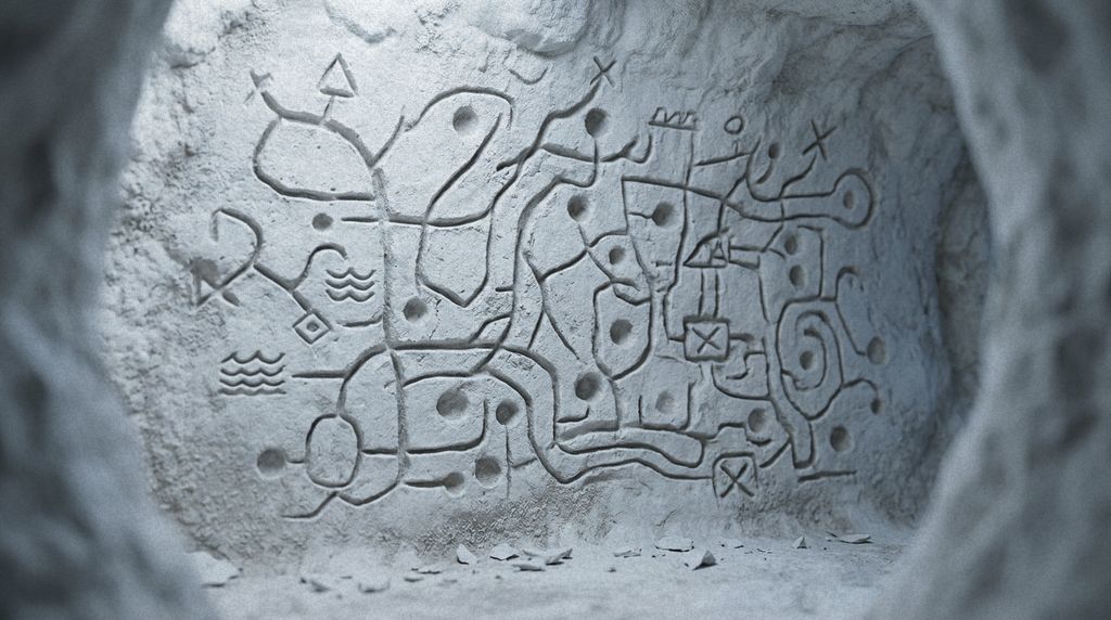 Nettle’s chalk map scratched into a tunnel wall, chalk flakes on the floor.