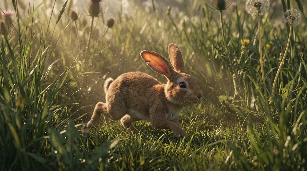 Fern running through the golden meadow, backlit, ears up.