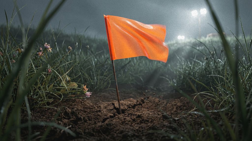 An orange surveyor’s flag planted in the meadow at night, floodlights in the mist.