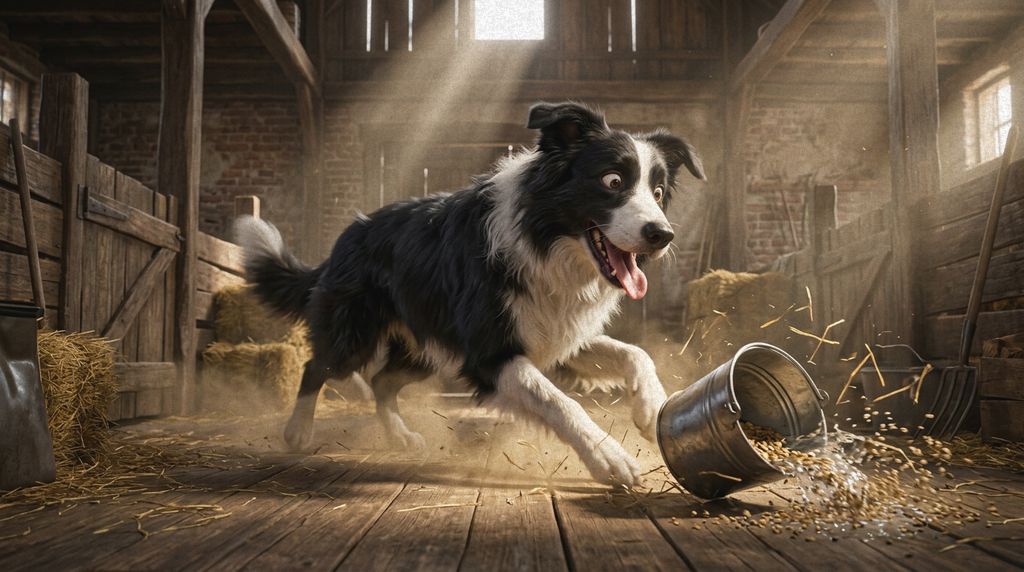 Gerald the sheepdog charging through the farm barn, upsetting a grain bucket.