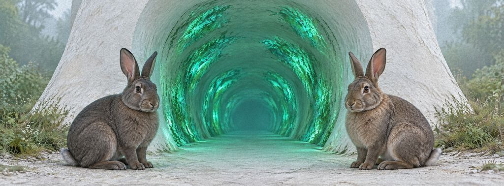 Two grey guards sit either side of a white chalk arch that glows jade inside.