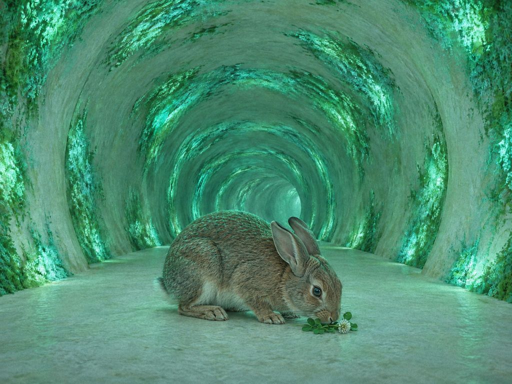 Reed, a soft-furred young brown buck, grazes on fresh clover in a jade-lit tunnel.