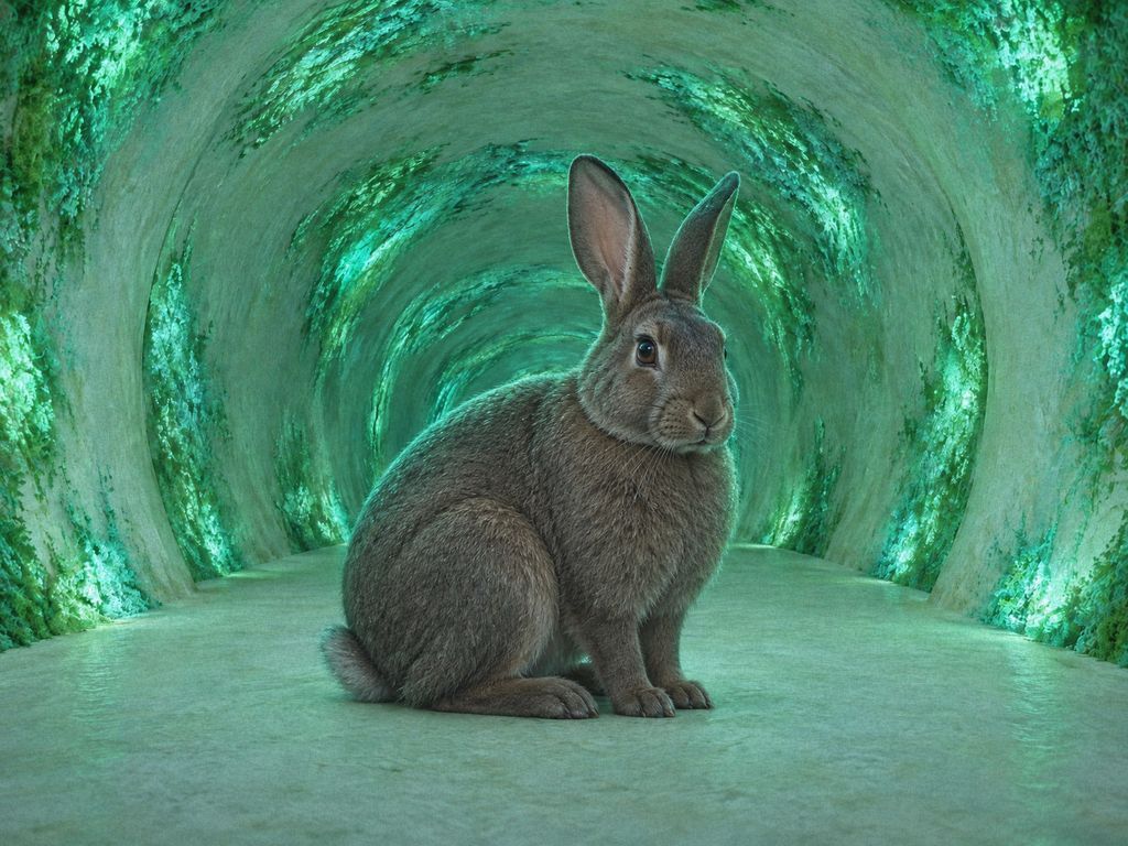 Sloe, a large, sleek, dusky grey-brown buck, sits perfectly still in a glowing jade tunnel.
