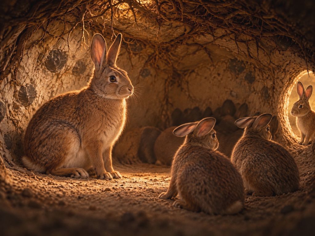 The same chamber: Bracken sits up and the young rabbits turn towards the bright opening, where Fern has appeared.