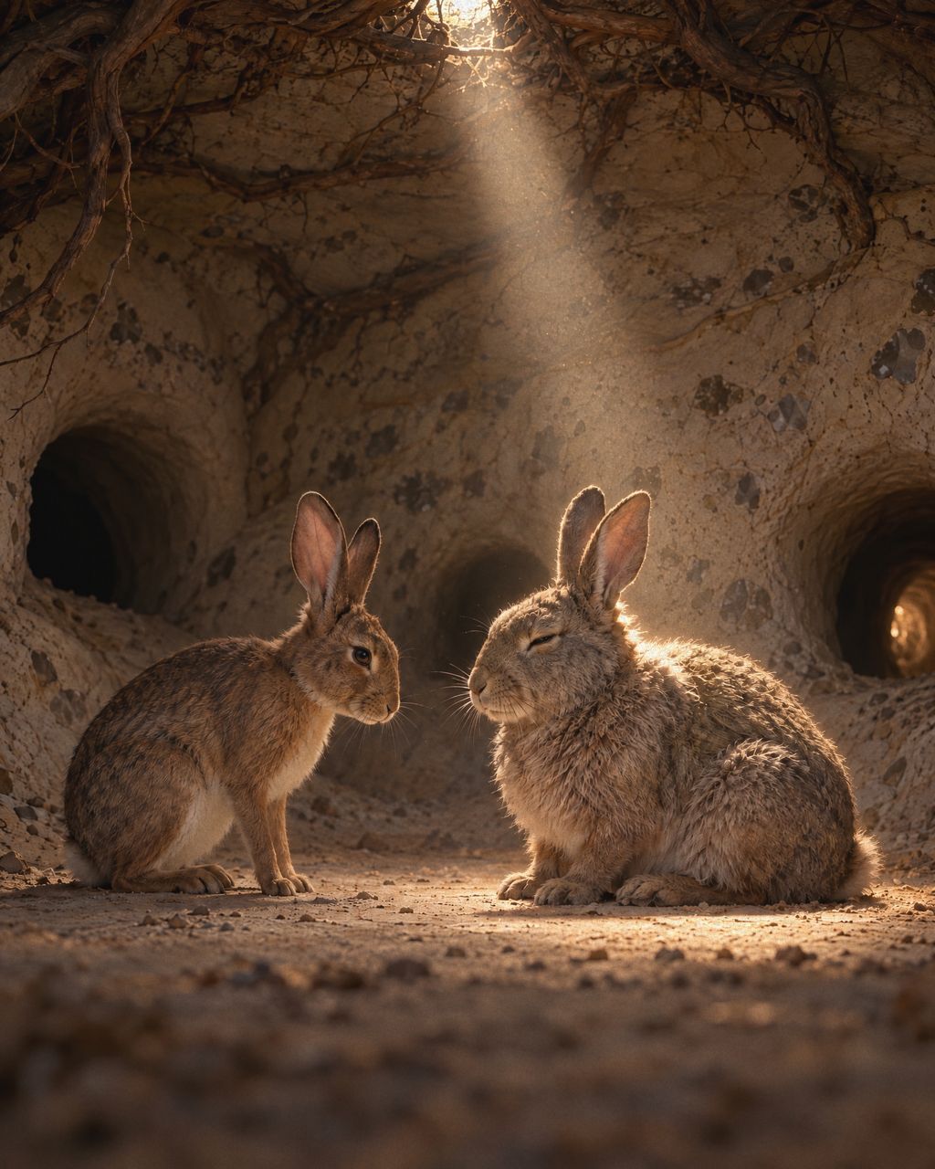 The warren’s main hall: a shaft of daylight falls on Elder Moss, an old grizzled buck with half-closed eyes, while Fern, a slim brown doe, faces him in greeting.