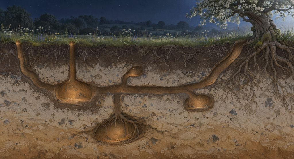 The warren in cross-section on a spring night: glowing burrows and chambers under the meadow, a passage climbing to a hawthorn in blossom on the right.