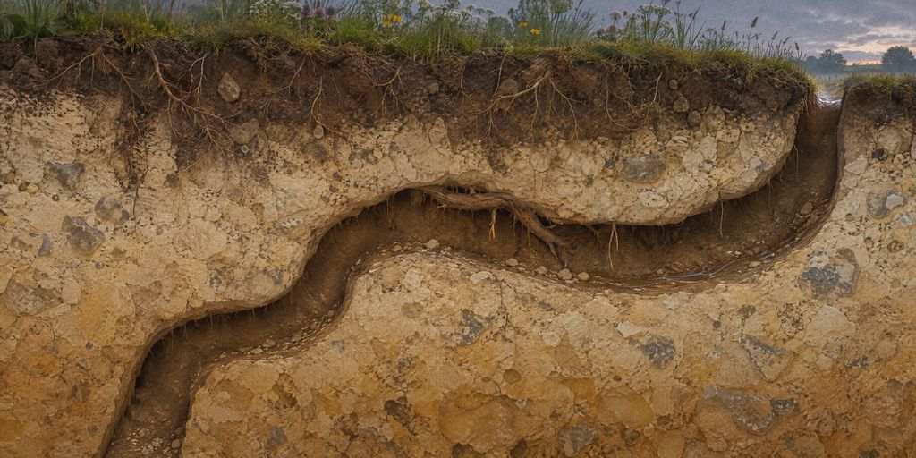 A cutaway of chalk earth under the meadow: one narrow rabbit tunnel winds down from a grey dawn opening, under a low hawthorn root and past a thin drainage channel.