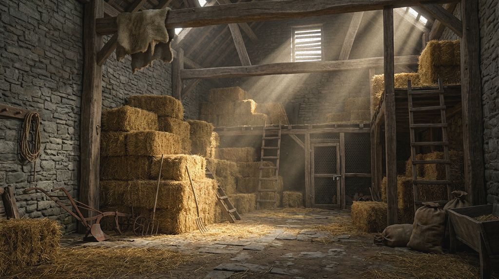Hay-bale labyrinth inside an old stone barn with a hen pen and farm tools.