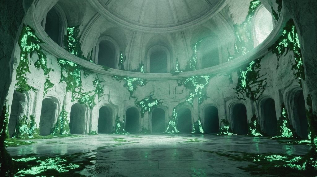 Briar Hill’s great chamber: a symmetrical chalk cathedral lit by glowing moss.