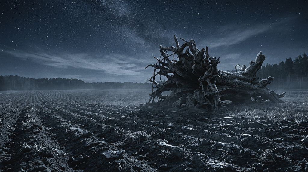 Uprooted tree on a ploughed field beneath a starry night sky.