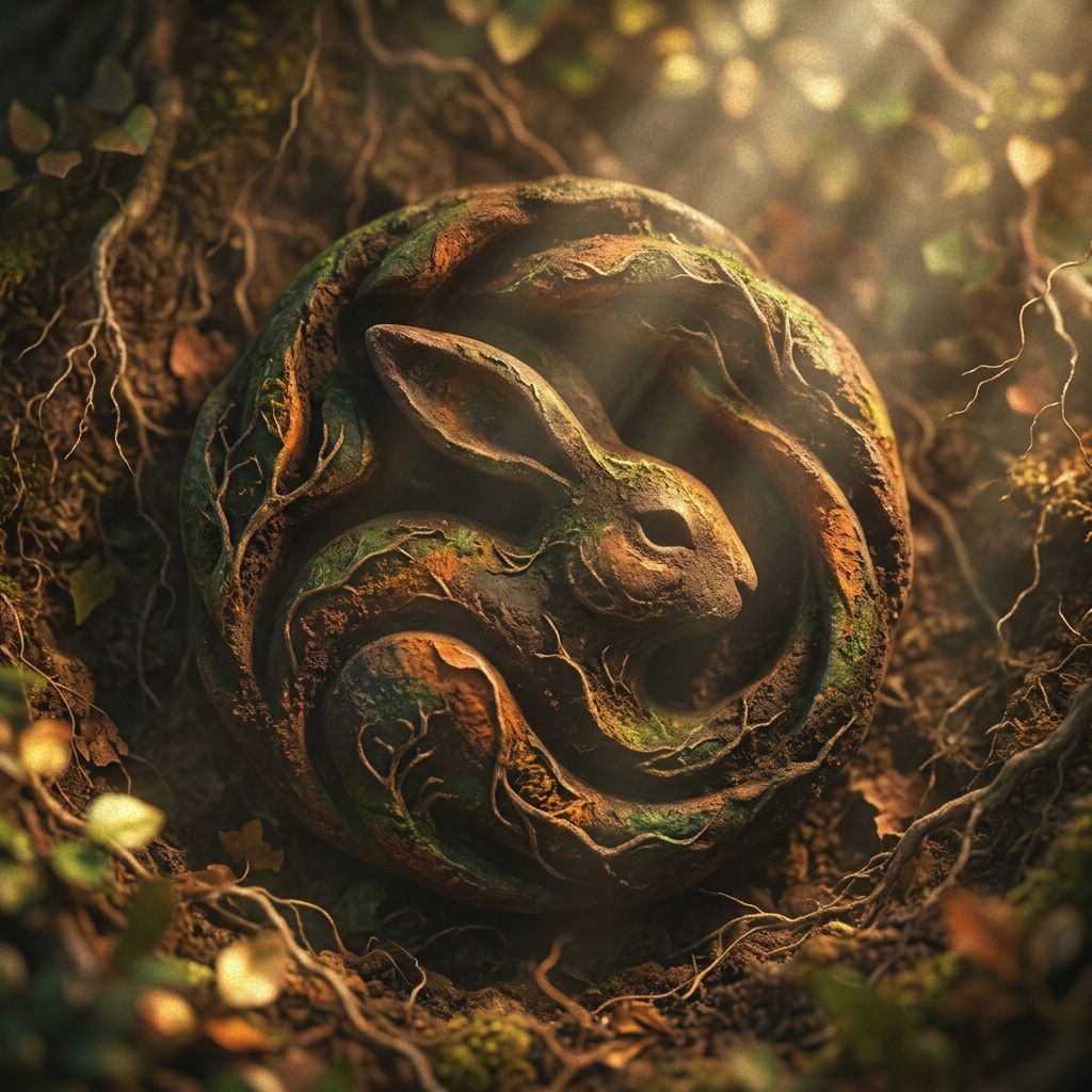 Carved rabbit medallion (project emblem) half-buried among roots and leaf litter.