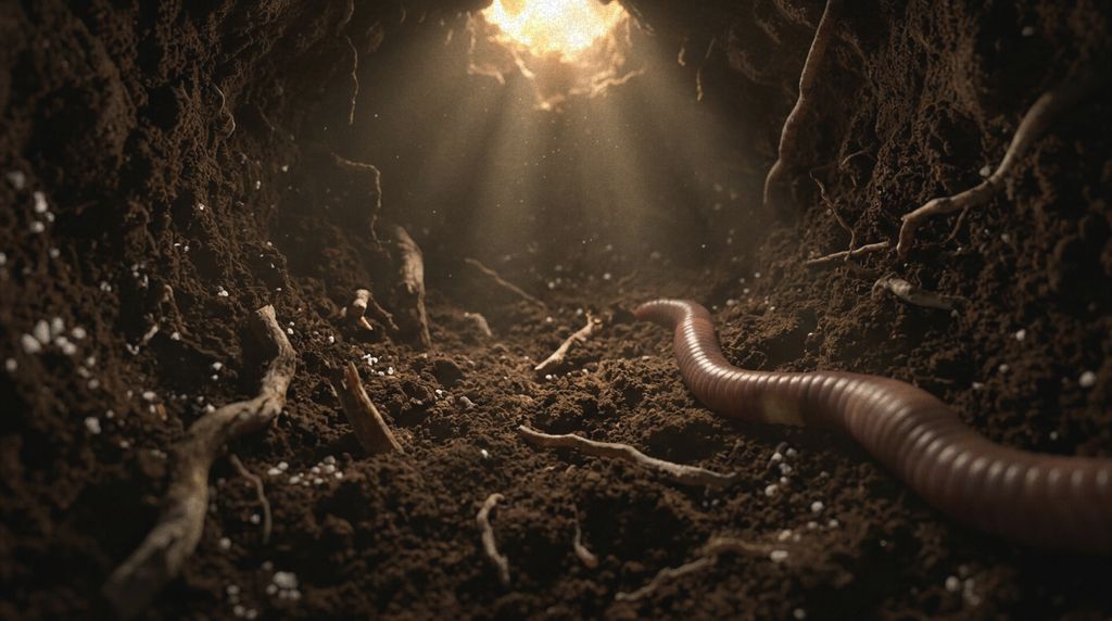 Underground soil tunnel with roots, chalk grit and an earthworm; golden light breaking in from above.