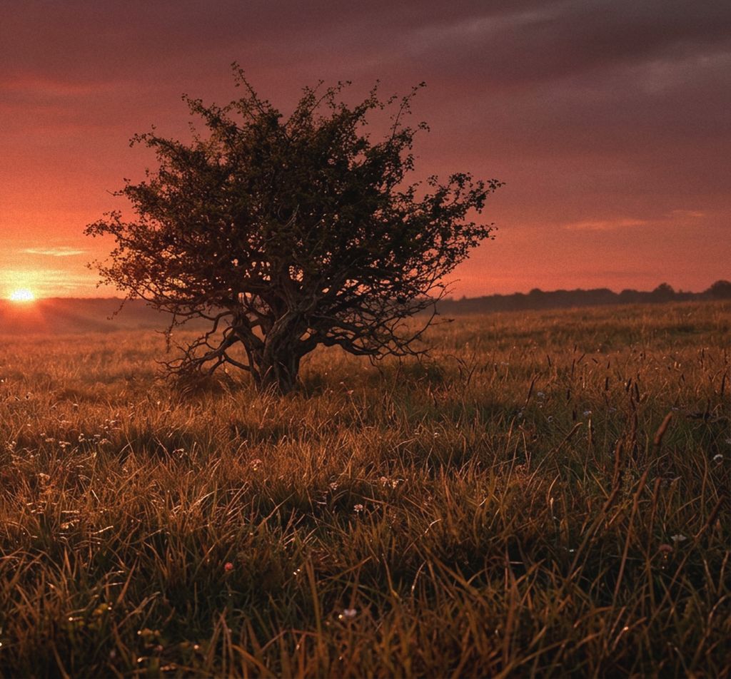 A lone hawthorn silhouetted against a red sunset over the meadow grass.