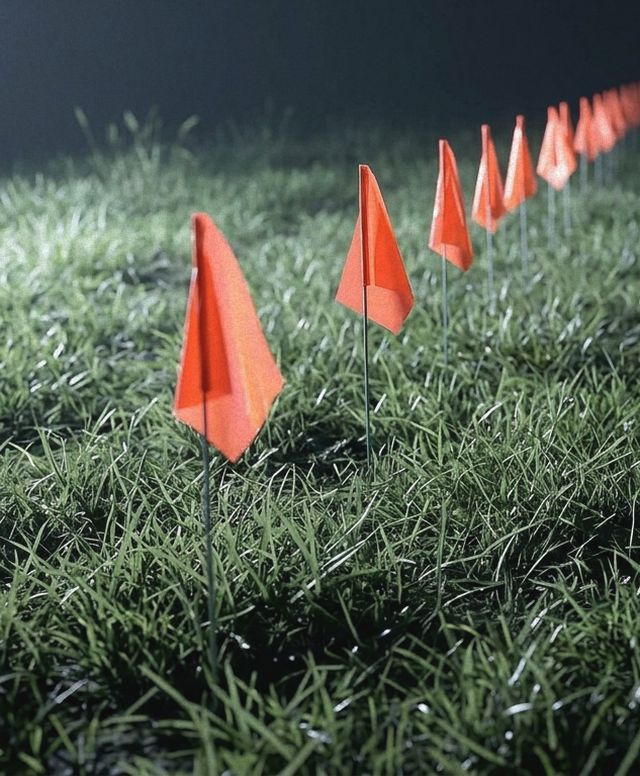 Orange marker flags on thin wire stakes, a row of them running through floodlit night grass.