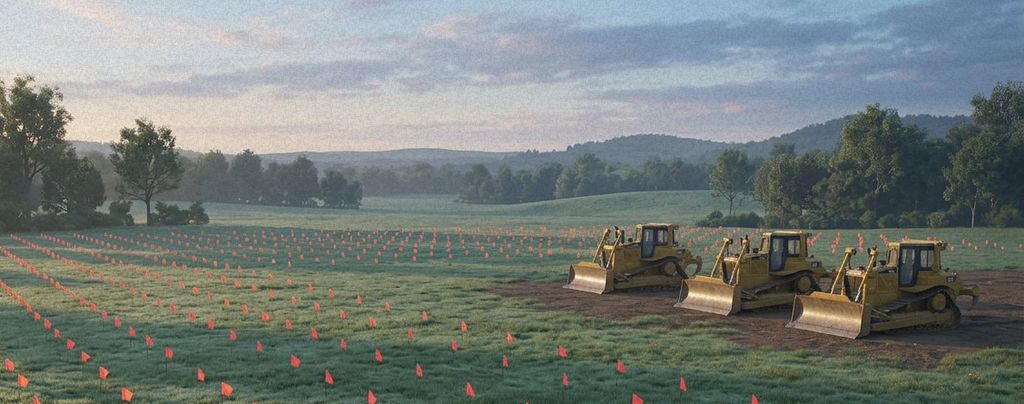 The meadow at dawn staked out with rows of small orange flags, three yellow bulldozers waiting at its edge.