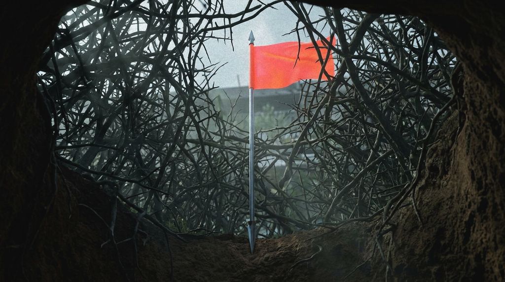 A surveyor flag spiked beside the Southern Bolt Hole, seen from inside the burrow.