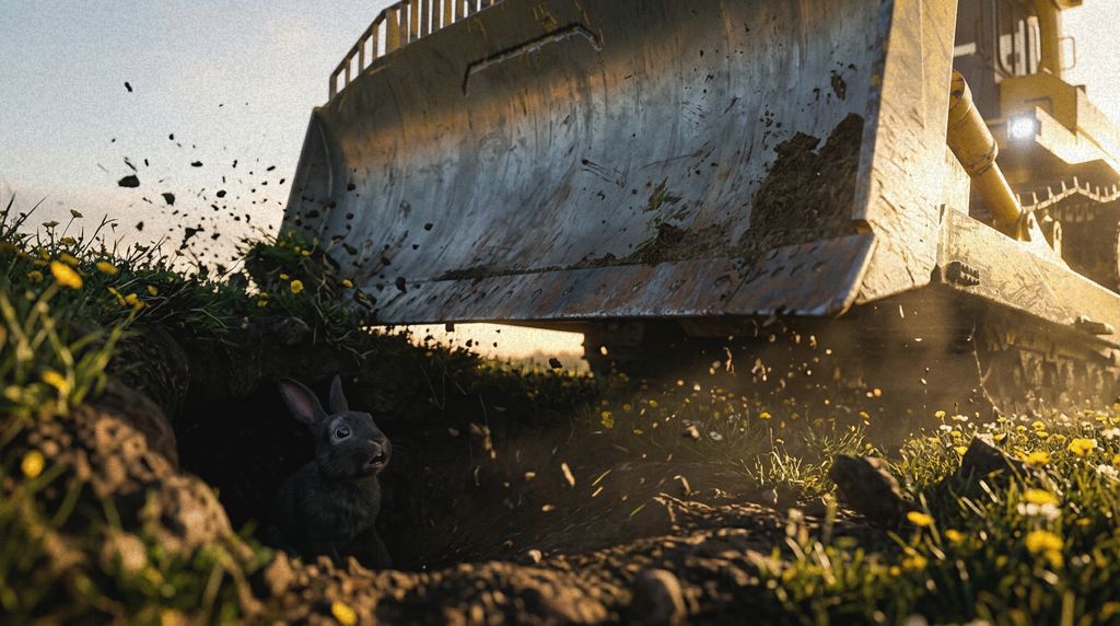A bulldozer blade bearing down on a burrow entrance, a rabbit cowering inside, buttercups and flying soil.